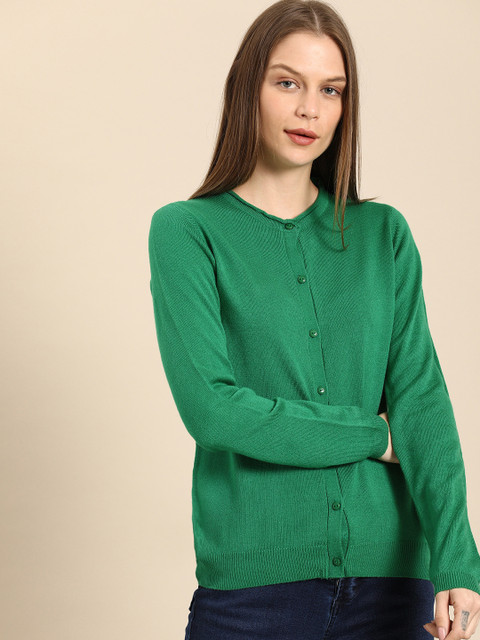 

ether Women Green Solid Cardigan Sweater