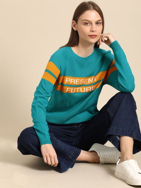 

ether Women Turquoise Blue Self Design Pullover Sweater
