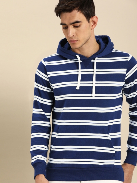 

ether Men Navy Blue & White Striped Hooded Sweatshirt