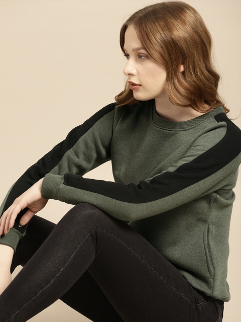 

ether Women Olive Green Solid Pullover Sweatshirt