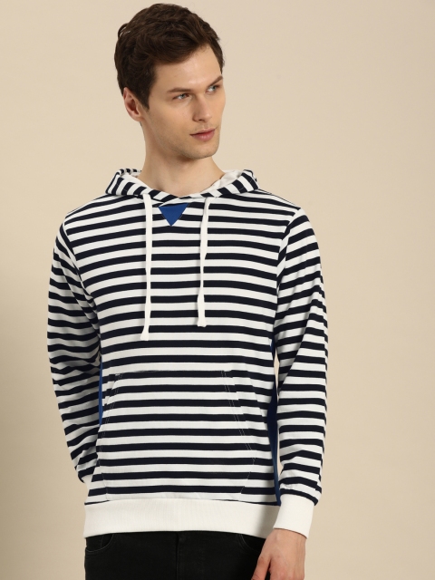 

ether Men White & Navy Blue Striped Hooded Sweatshirt