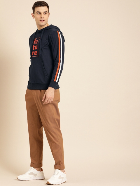 

ether Men Navy Blue Printed Hooded Sweatshirt With Striped Detail