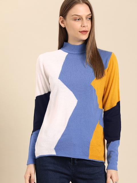 

ether Women White & Blue Colourblocked Pullover Sweater