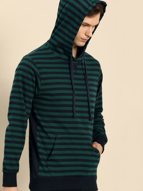

ether Men Green & Navy Blue Striped Hooded Sweatshirt