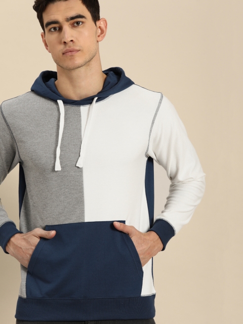 

ether Men Navy Blue & Off-White Colourblocked Hooded Sweatshirt