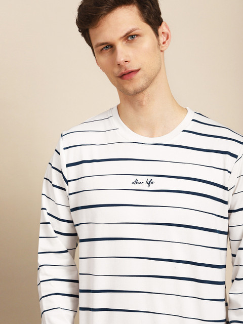 

ether Men White & Navy Blue Striped Sweatshirt