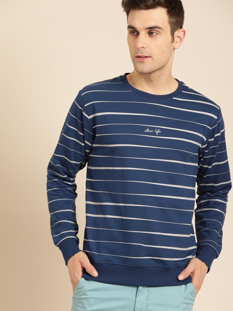 

ether Men Navy Blue & Grey Striped Sweatshirt