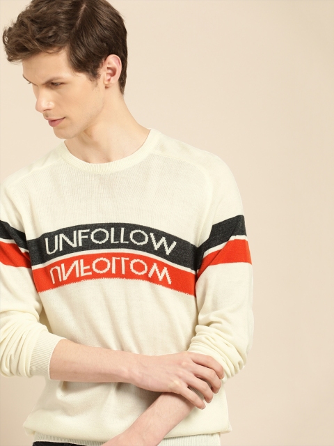 

ether Men Cream-Coloured & Orange Self Design Sweater