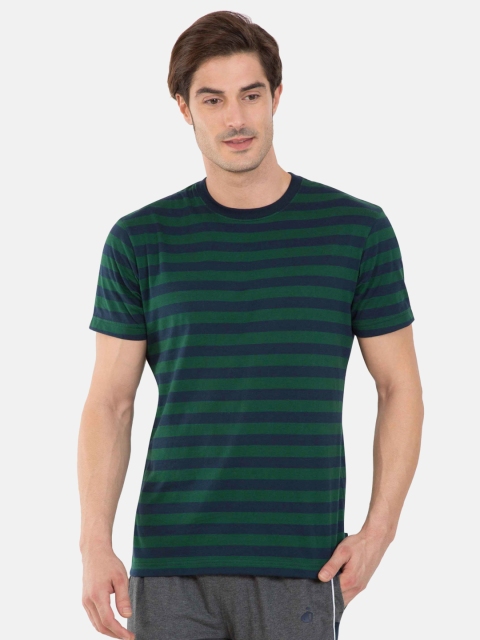 

Jockey Men Green & Navy Blue Striped Modern Fit Round Neck Athleisure T-shirt 2715-0105