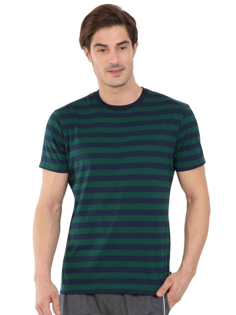 

Jockey Men Green Navy Blue Striped Round Neck Pure Cotton T-shirt