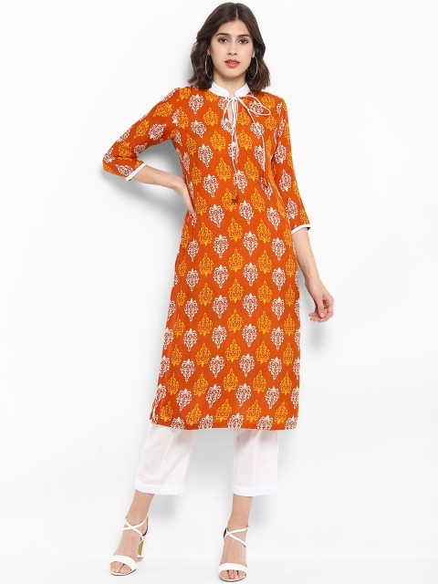 

MBE Women Orange Printed Straight Kurta