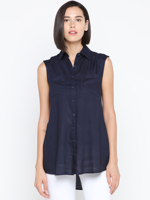 

IDK Women Navy Blue Solid Shirt Style Top