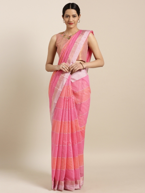 

Aarrah Women Pink Checked Pure Linen Saree