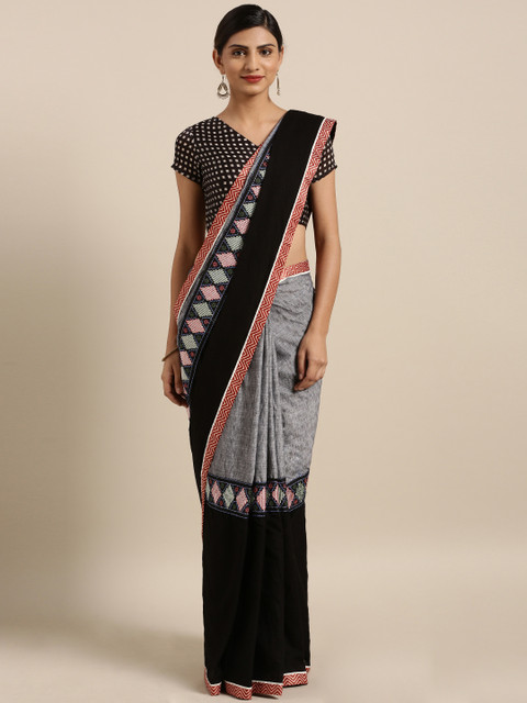 

Aarrah Grey & Black Solid Silk Cotton Saree with Embroidery Detail