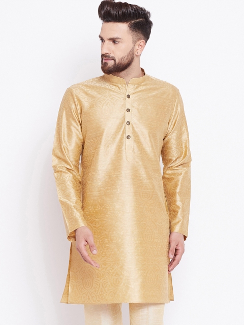 

See Designs Men Gold-Coloured Woven Design Straight Silk Kurta