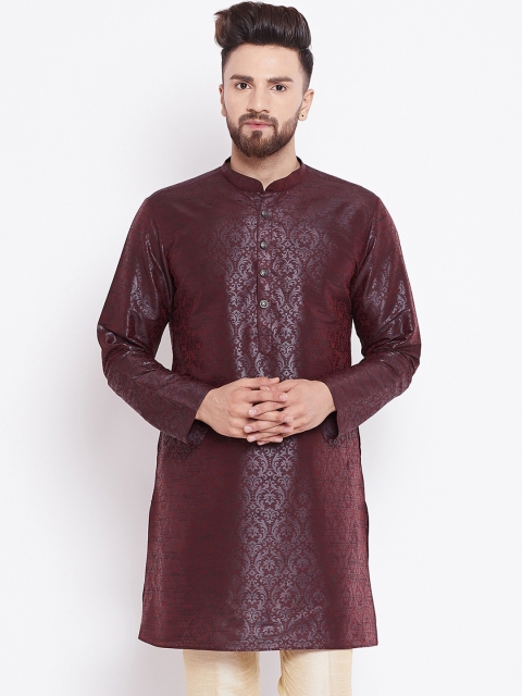 

See Designs Men Burgundy Woven Design Straight Silk Kurta