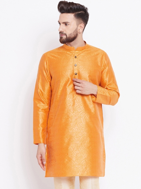 

See Designs Men Orange Woven Design Straight Silk Kurta