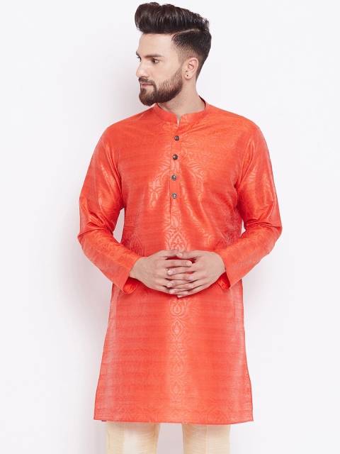 

See Designs Men Coral Red & Gold-Coloured Woven Design Straight Silk Kurta