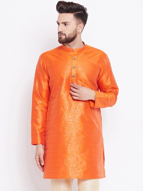 

See Designs Men Orange Woven Design Straight Silk Kurta