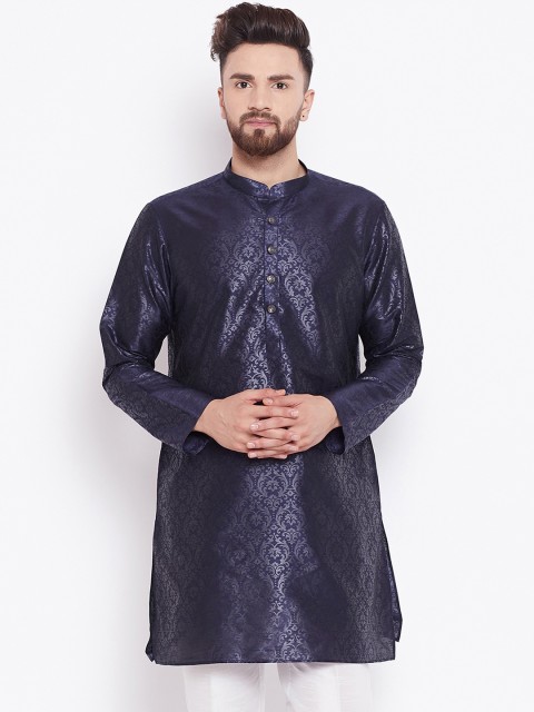 

See Designs Men Navy Blue Woven Design Straight Silk Kurta