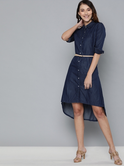

HERE&NOW Women Navy Blue Solid Denim Shirt Dress