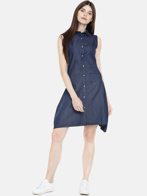 

HERE&NOW Women Blue Solid Chambray Shirt Style Dress