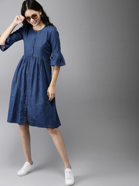 

HERE&NOW Women Navy Blue Chambray Fit and Flare Dress