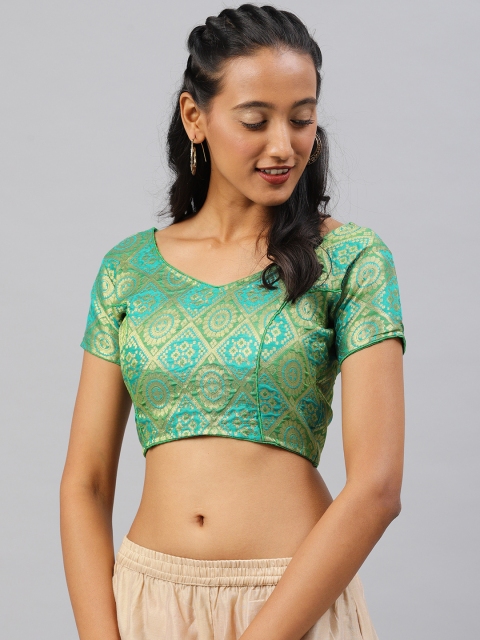 

Aarrah Women Green & Gold-Toned Brocade Woven Padded Ready Made Saree Blouse