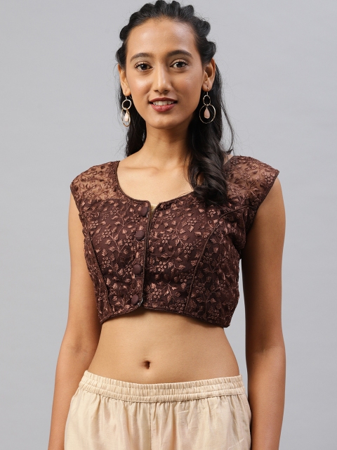 

Aarrah Coffee Brown Embroidered Cotton Padded Saree Blouse