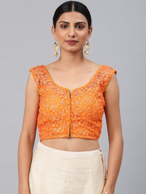 

Aarrah Light Orange Embroidered Cotton Padded Ready Made Saree Blouse