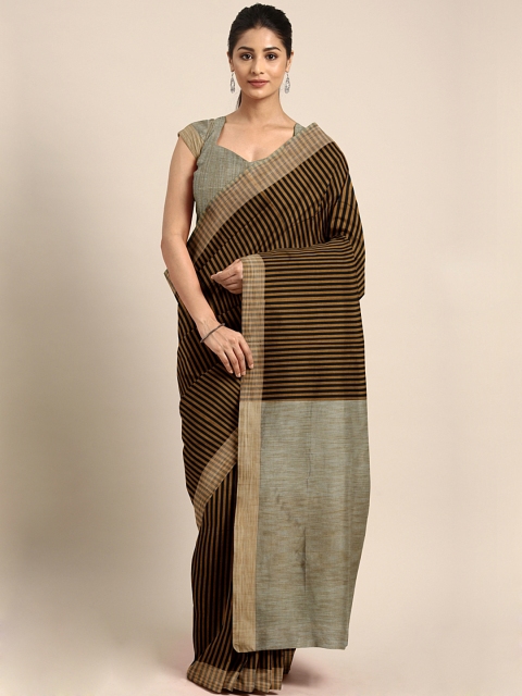 

Pavechas Mustard Yellow & Black Cotton Blend Striped Banarasi Saree