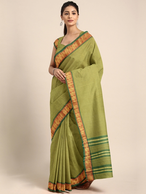 

Pavechas Green Pure Cotton Solid Chanderi Saree