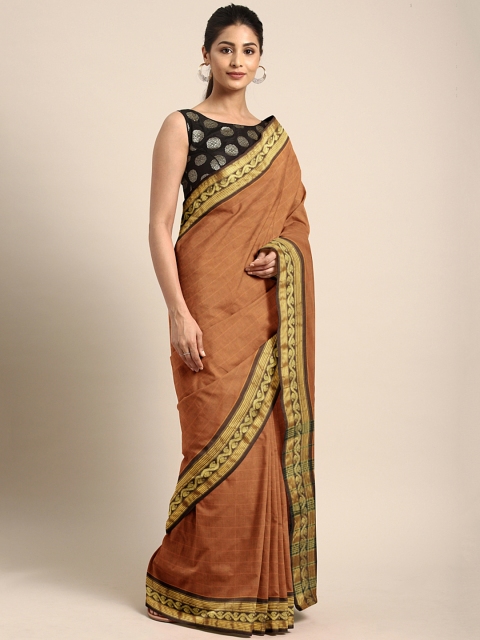 

Pavechas Mustard Orange & Beige Pure Cotton Striped Venkatgiri Saree