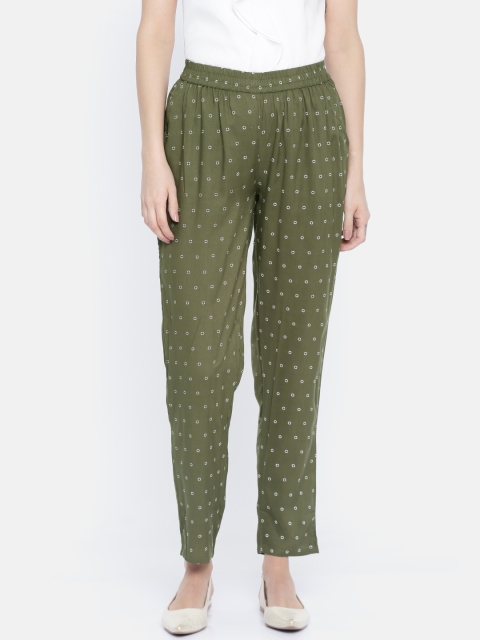 

People Women Olive Green Regular Fit Printed Trousers