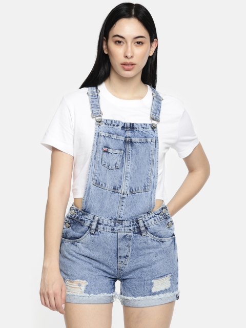 

Lee Cooper Women Blue Solid Low Distress Denim Dungarees