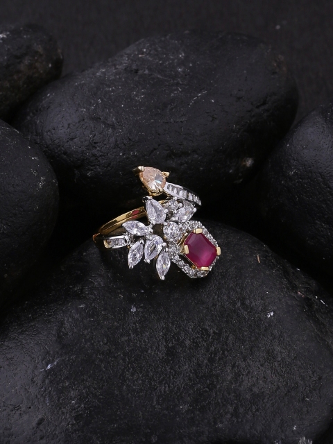 

Studio Voylla Women Gold-Plated, White & Pink CZ-Studded Finger Ring