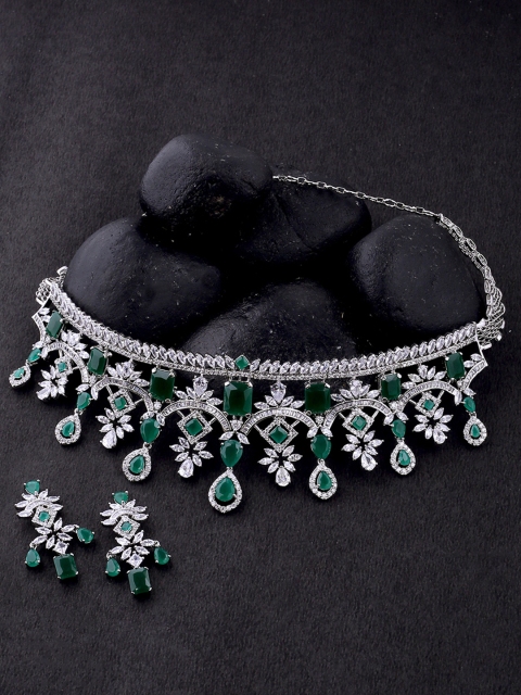 

Studio Voylla Women Silver-Plated & Green Emerald & CZ-Studded Jewellery Set