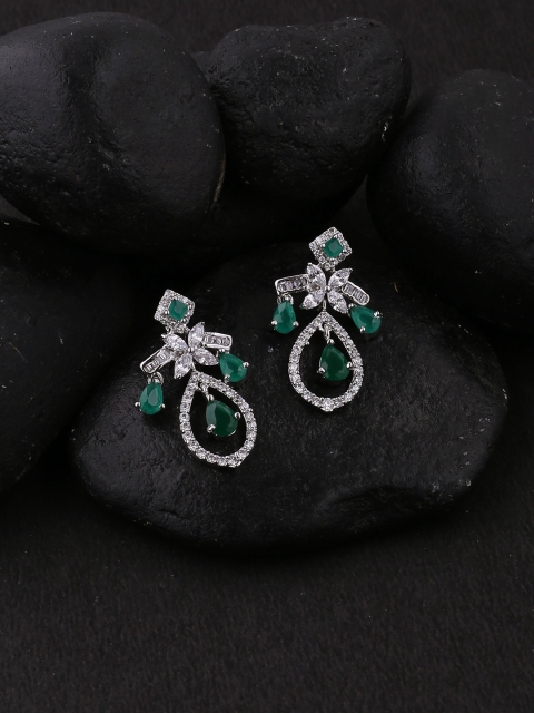 

Studio Voylla Silver-Plated & Green Handcrafted Teardrop Shaped Drop Earrings