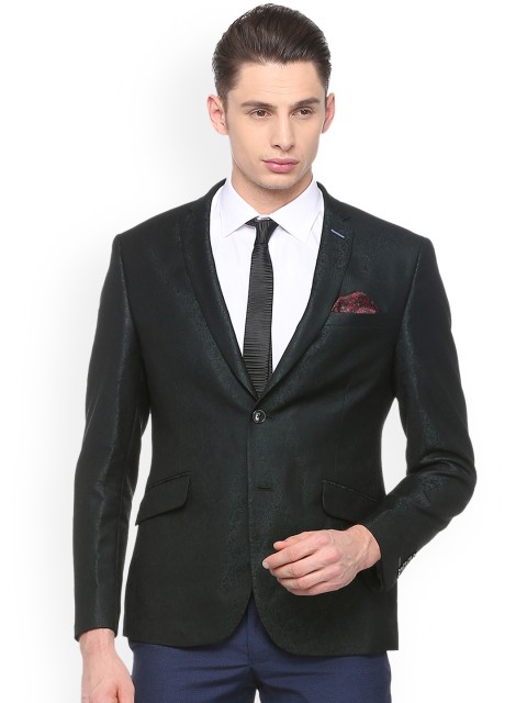 

V Dot Men Black & Green Self-Design Single-Breasted Blazer