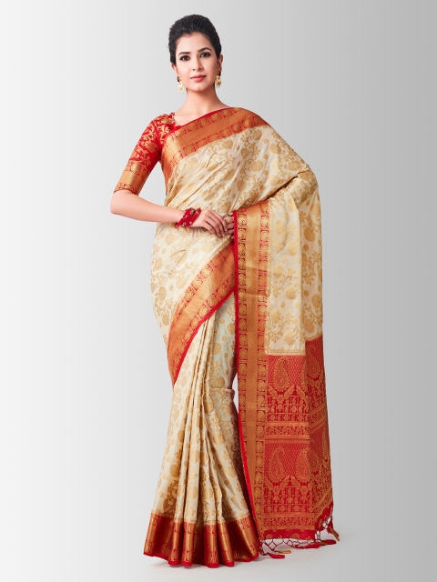 

MIMOSA Beige & Red Art Silk Woven Design Kanjeevaram Saree