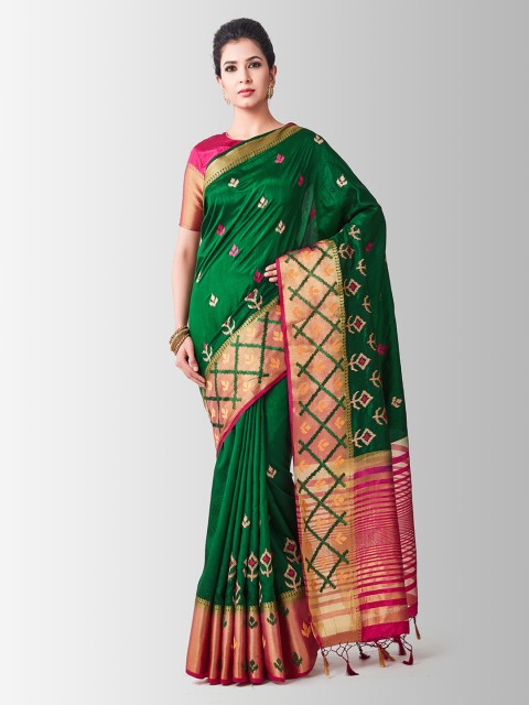 

MIMOSA Green & Pink Art Silk Embroidered Tussar Saree