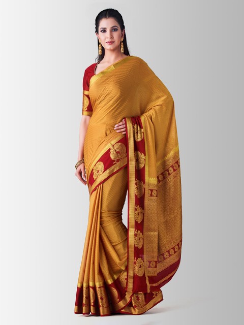 

MIMOSA Brown & Red Poly Crepe Woven Design Mysore Silk Saree