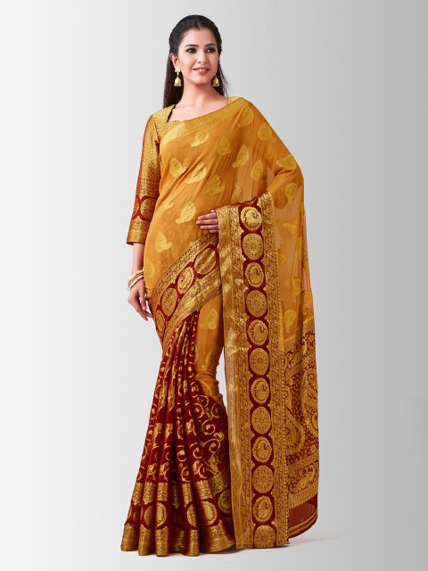 

MIMOSA Brown & Maroon Poly Chiffon Woven Design Kanjeevaram Saree