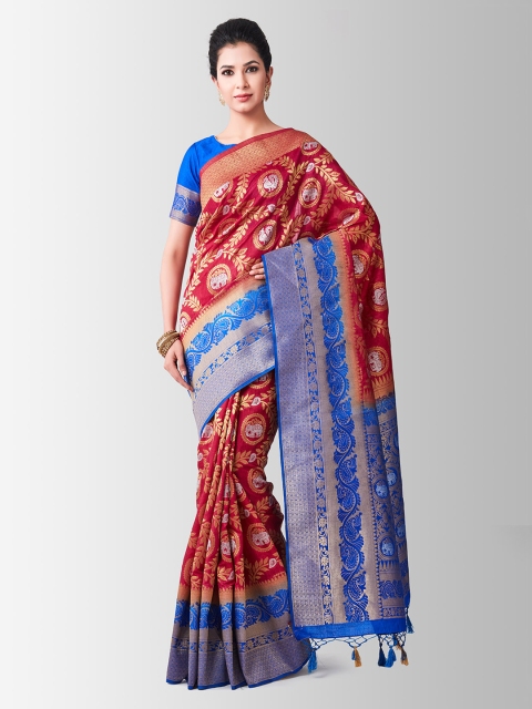

MIMOSA Red & Blue Art Silk Woven Design Kanjeevaram Saree