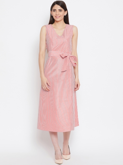 

Bitterlime Women Red Striped Wrap Dress