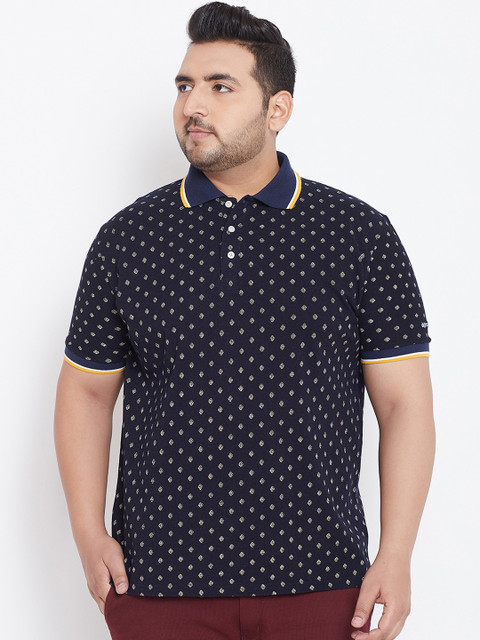 

bigbanana Plus Size Men Navy Blue Printed Polo Collar T-shirt