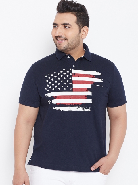 

bigbanana Plus Size Men Blue Printed Polo Collar Pure Cotton T-shirt