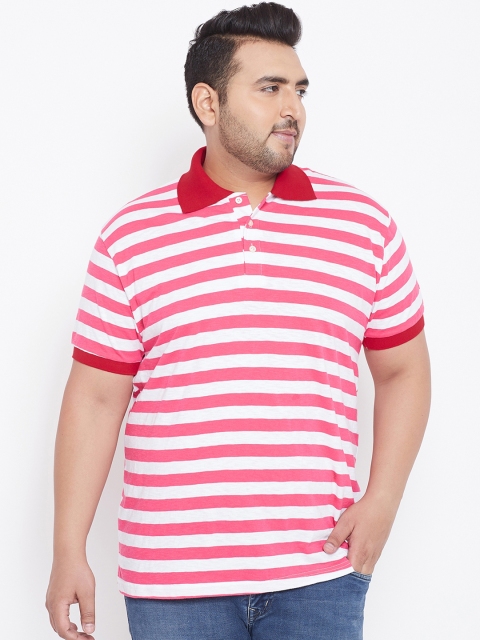 

bigbanana Plus Size Men White Pink Striped Polo Collar T-shirt