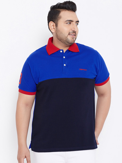 

bigbanana Plus Size Men Navy Blue Colourblocked Polo Collar T-shirt