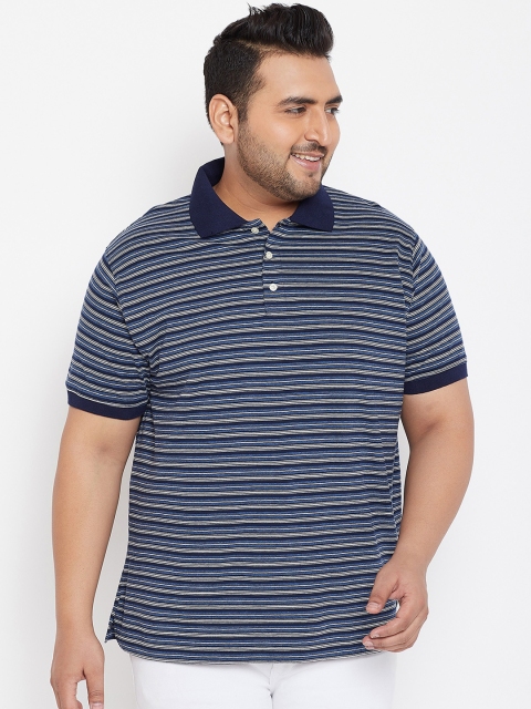 

bigbanana Plus Size Men Navy Blue Grey Striped Polo Collar T-shirt